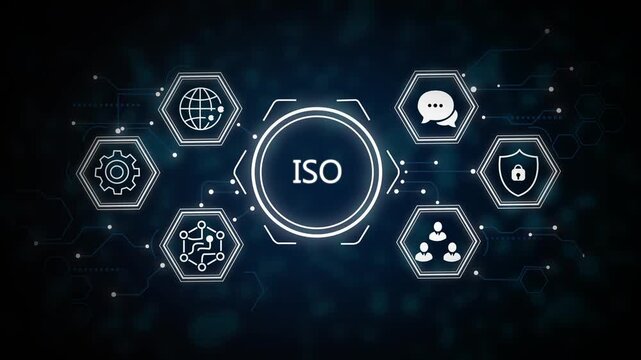 ISO 14001 Environmental Management System Concept with Globe and Icons on Circuit Board ISO 14001