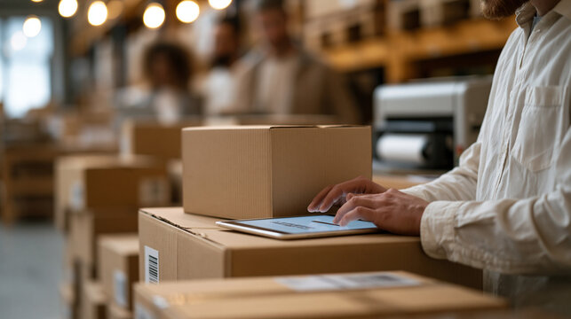 e-commerce shop mockup on sunlit iPad resting against stack of shipping boxes in small warehouse, warm indoor loading dock lighting, multicultural group of fulfillment team