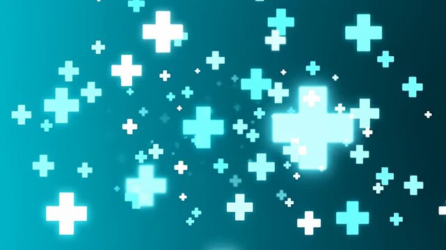 Bright medical cross icons floating on blue background.