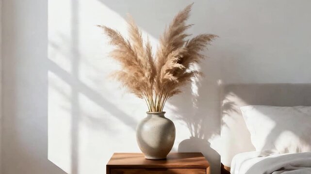Slow motion of dried pampas grass swaying in bedroom
