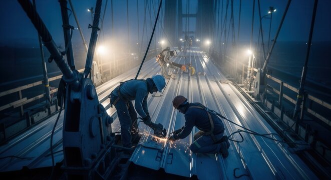 Bridge Construction Crew Working At Night With Sparks Flying