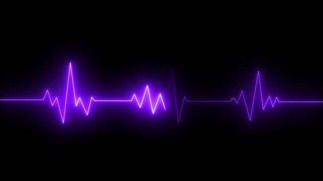 Bright purple glowing sound waves and audio frequency lines on a dark black background representing digital music and heart beat rhythm patterns for modern technology and science data visualization