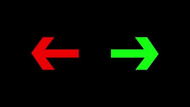 Green left arrow and red right arrow icons on a black background for navigation and direction signs