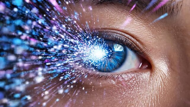 Close up of human eye with digital data.