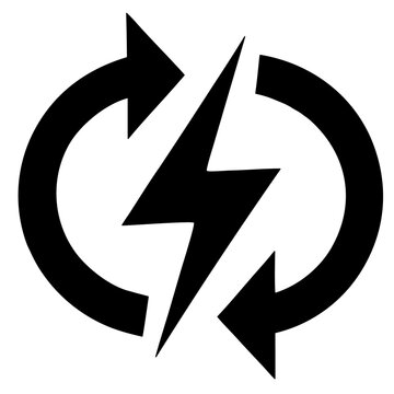 Black lightning bolt icon inside circular rotating arrows for energy concept with electricity, recharge