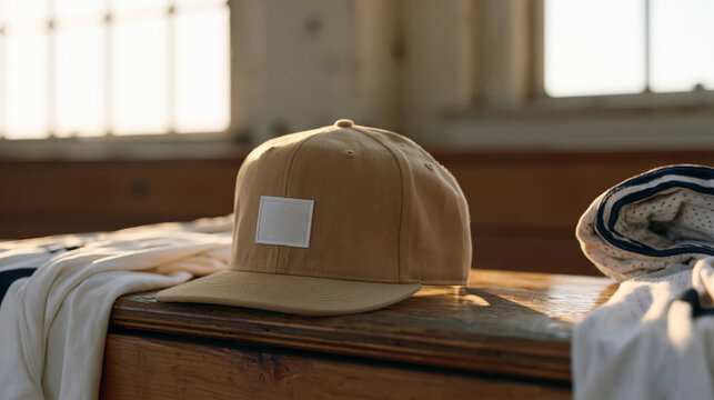 Structured snapback cap with a blank embroidered logo patch placed crown-down on a vintage gymnasium bleacher, afternoon sunlight slanting through a high window, a rolled-up