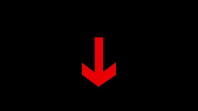 A bright red arrow pointing down isolated on a solid black background, representing direction, navigation, and digital interface design elements for web and mobile graphics