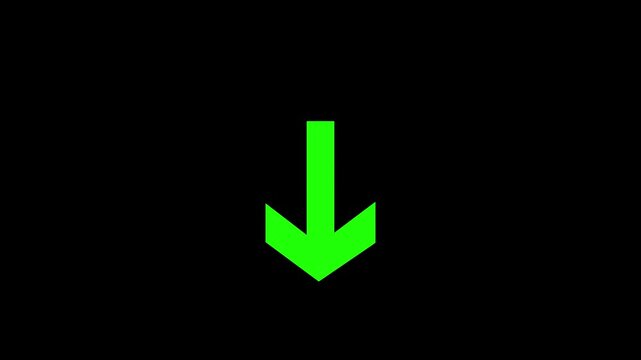 Bright neon green arrow pointing down isolated on a solid black background representing direction and navigation