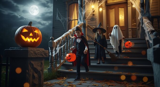 Three children in halloween costumes trickortreating at a spooky house