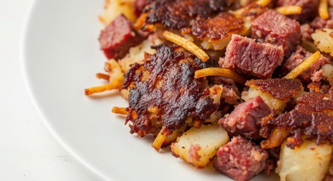 Delicious hash browns with corned beef and crispy potato pieces served on white plate. Hash browns feature golden, crunchy texture with savory corned beef for hearty breakfast experience.