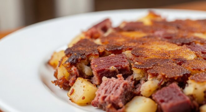 Corned beef hash with tender potatoes and crispy crust served on white plate. Corned beef hash features flavorful ingredients enhancing breakfast experience. Concept corned beef hash for brunch menus.