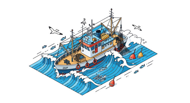 Isometric fishing trawler boat at sea with seagulls and waves