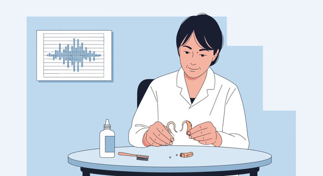 Scientist examining hearing aid components with audiogram on wall