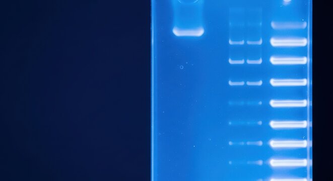Gel electrophoresis results displayed on blue illuminated agarose gel with distinct bands. Gel electrophoresis visualizes DNA fragments through the matrix, showcasing separation based on size.