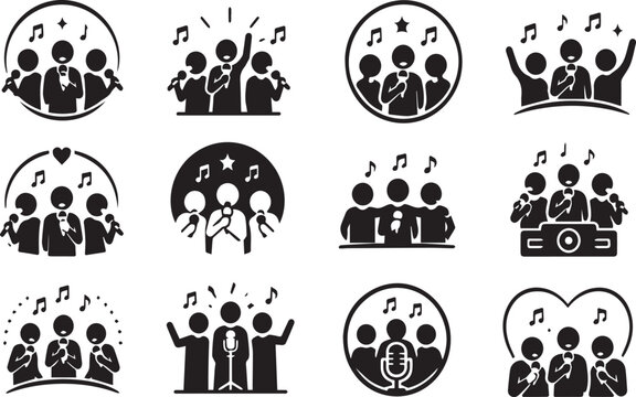 Black and white vector icons of people singing with microphones