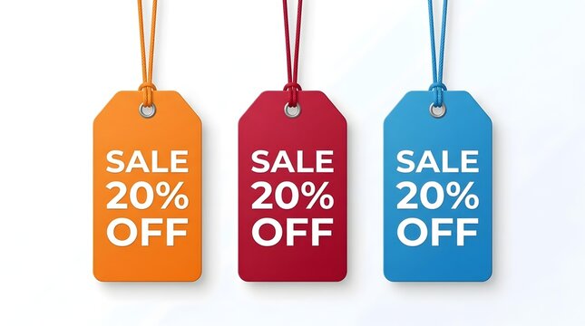 Colorful sale 20 percent off price tags, set of three hanging discount labels, orange red and blue promotional retail marketing tags on white background