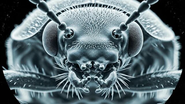 Detailed monochrome scanning electron micrograph of insect head.