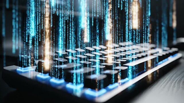 Digital binary data streams falling over computer keyboard.
