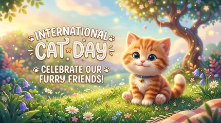 Fototapeta premium Adorable ginger kitten sitting in a colorful meadow celebrating international cat day with flowers