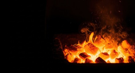 Fototapeta premium Glowing flames on burning coals creating a vibrant fire scene. Warm fire illuminates surrounding darkness, creating a cozy atmosphere for relaxation. Concept of a fire pit for outdoor gatherings.