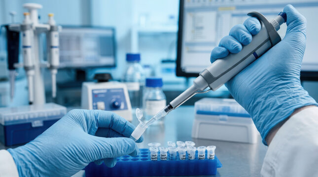 Laboratory technician uses micropipette to transfer liquid samples in modern lab environment. The lab setup includes various scientific equipment like tubes and bottles.