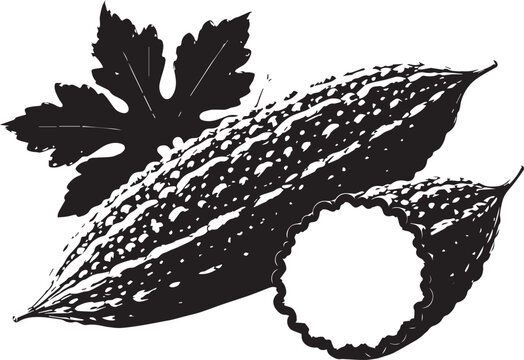 Black silhouette of bitter melon with leaf isolated on white background