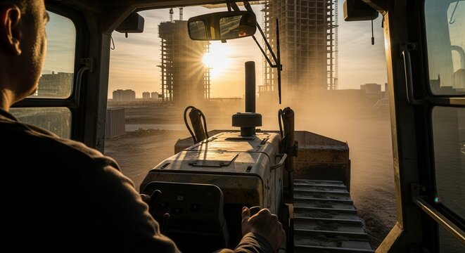 Bulldozer Driver Navigating Construction Site During Golden Hour Sunset