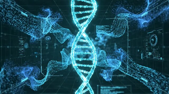 Digital DNA double helix with data interface overlays.