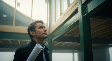 Fototapeta premium Architect Inspecting Modern Building Construction Plans During Morning Fog