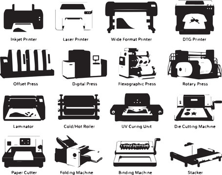 Collection of various printing machines on white background