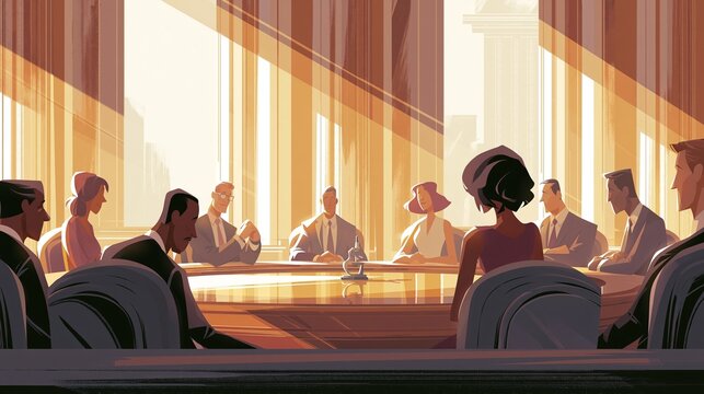 Public officials in a bright legislative chamber discussing public health and longer lifespans around a polished table, hopeful mood, warm daylight from tall windows.