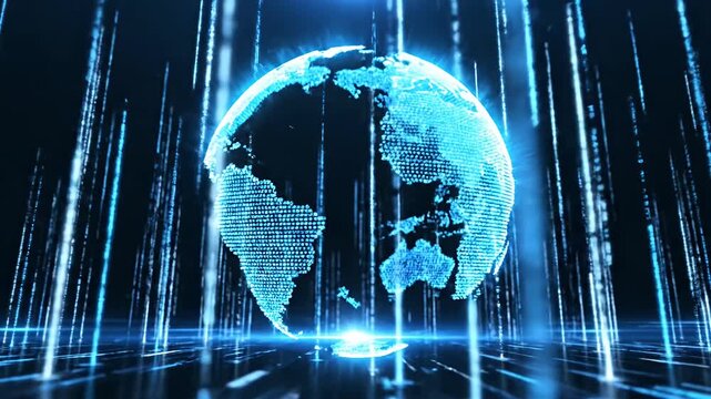 Digital globe with vertical light streaks on dark background.