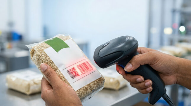 Scanning product barcode on rice packaging with handheld scanner in warehouse setting. Scanning includes clear label with barcode on rice bag during inventory management process.