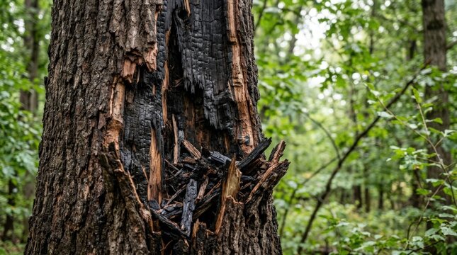 Damaged tree with charred bark and broken branches in lush green forest showcasing nature's resilience. Close up of tree trunk's textured surface illustrates effects of fire and weather elements.
