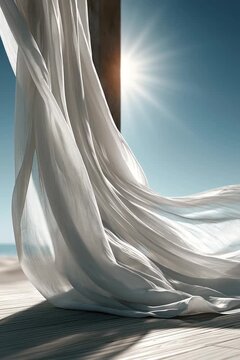 Linen curtains flowing in a warm seaside breeze, bright sunlight illuminating minimal luxury interior, evoking calm, airy, and serene vacation atmosphere with cinematic elegance.