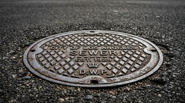 Close-up view of metallic sewer cover on textured asphalt road, featuring embossed lettering and grid pattern. Sewer cover provides urban infrastructure access and maintenance,