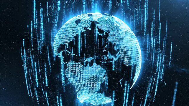 Digital glowing globe with vertical data light rays.