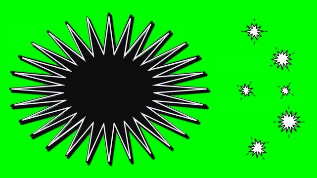 Dynamic motion of spiky black and white starburst with small white motion particles on vibrant green background.