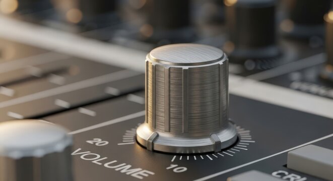 Close-up of volume control knob on audio mixer showing precise audio adjustments. Volume control knob features metallic design with clear markings for fine-tuning sound levels.
