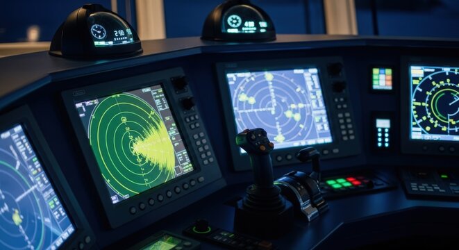Modern ship control panel with radar displays and navigation instruments showing detailed information. Ship control system includes radar screens with various readings and joystick for navigation.