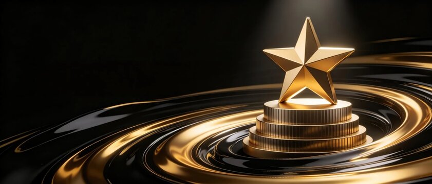Shiny golden five-pointed star placed on three-tier golden pedestal surrounded by flowing glossy golden ripples on dark black background for award winner and first prize success concept