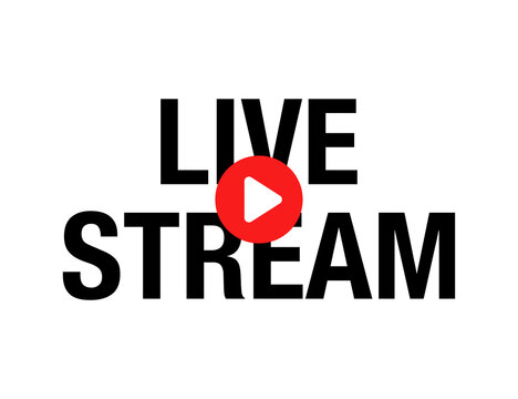 Live Stream Logo with Red Play Button Bold Text Banner for Video Broadcast and Social Media