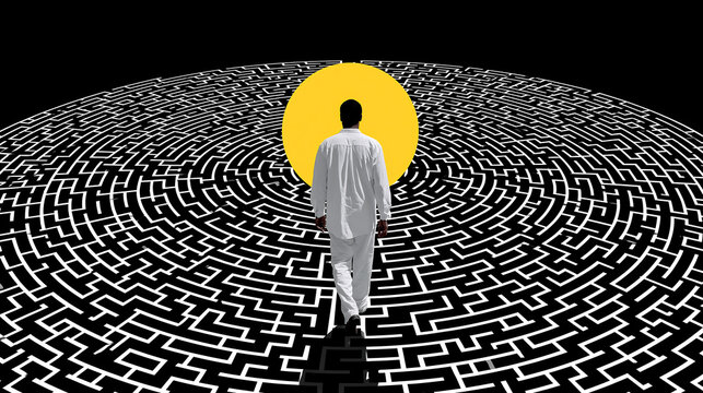 man walking into glowing spiral maze representing challenge mystery decision making and journey through complex life path concept