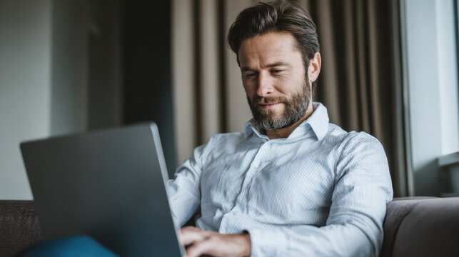 Successful businessman using a laptop while working remotely in a modern and comfortable home environment. Ideal for concepts related to remote work, productivity, business, technology, entrepreneursh