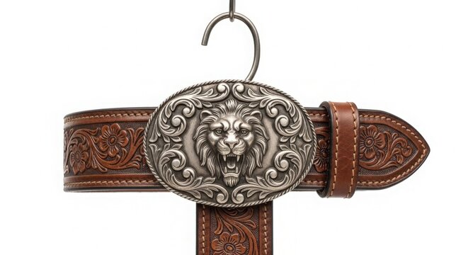 Stylish leather belt with intricate lion buckle design hanging on hook. This leather belt features a detailed lion head, showcasing beautiful craftsmanship and artistry.