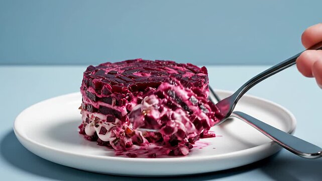 Layered beet salad with mayonnaise on a white plate.