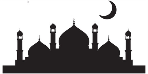 Black of a mosque with domes and minarets under a crescent moon and stars a white white with islamic and ramadan Silhouette vector on whit Background © Topu