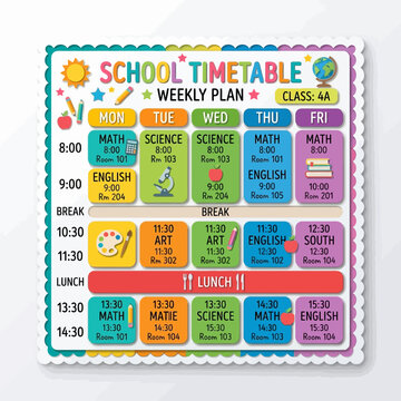 Colorful School Timetable Weekly Plan for Class 4A with Subjects icons