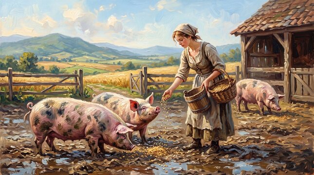 Oil painting of a peasant woman feeding spotted pigs in a muddy pen. Set against sunny rolling hills, the scene beautifully captures the rustic, peaceful routine of farm life.