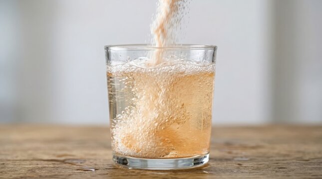 Refreshing drink with bubbling fizz in glass on wooden table. Fizzy beverage combines sparkling water and flavored syrup for delightful taste. Perfect refreshment for summer gatherings and events.